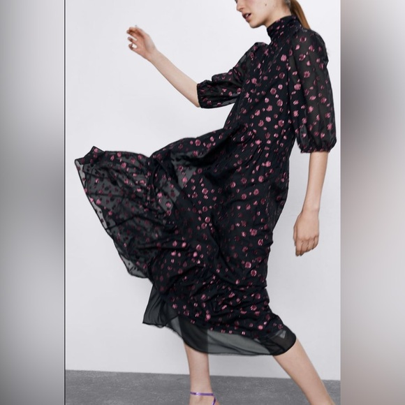 Zara midi dress pink metallic polka dots - Picture 4 of 4